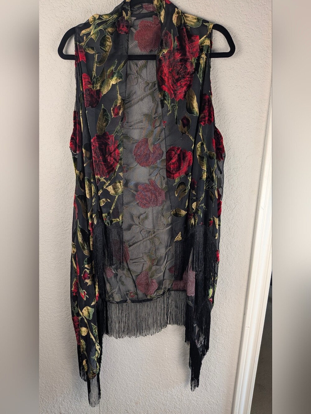 Whimsigoth Kimono Duster Sheer Burnout Velvet Roses Fringe Witchy Dark Fairy